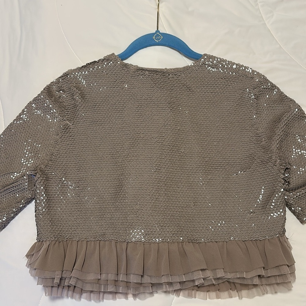 BCBGMaxAzria Sequin Embellished Taupe Jacket with Ruffle Hem - Picture 9 of 9